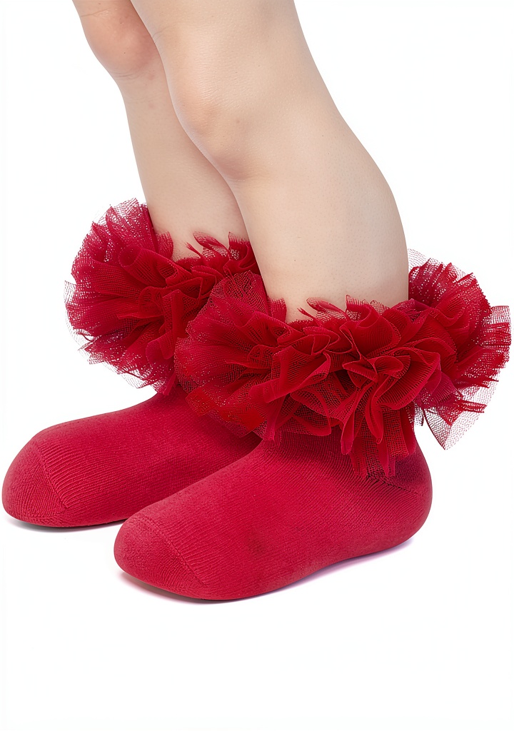 Girls wearing cotton ruffle socks with lace trim in various colors