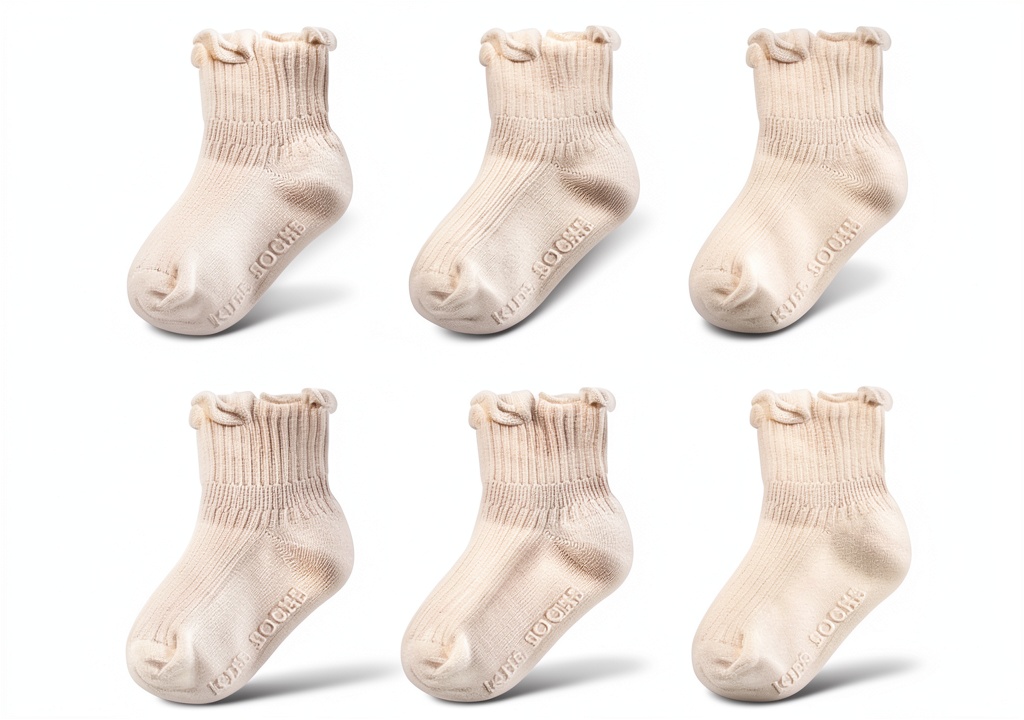 Baby girl wearing frilly non-slip socks playing safely on a hardwood floor