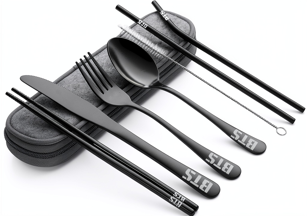 YX&ST camping cutlery set displayed with utensils and case on a picnic blanket